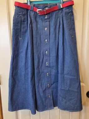 NWT Vintage Koret City Blues Denim Midi Skirt w/ Red Belt Size 18
